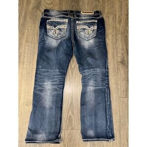 Rock Revival Sherry Easy Boot Jeans Size 34 Medium Wash Rhinestone Fleur De Lis